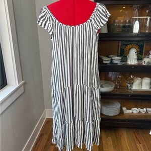 Boho Me Black White Striped Tiered Cap Sleeve Maxi Dress Cover Up Size L